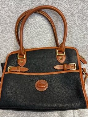 Dooney & Bourke Black Pebble Leather Satchel Brown Trim Gold Hardware - w. Flaws